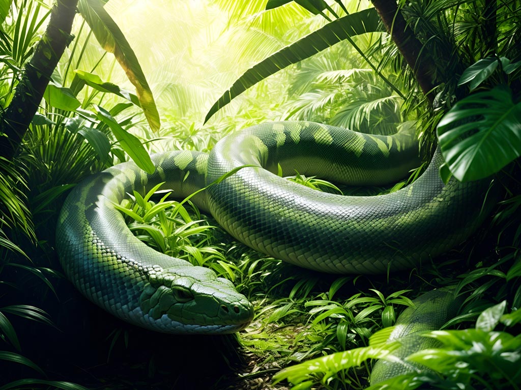 A giant python slithering through a lush jungle